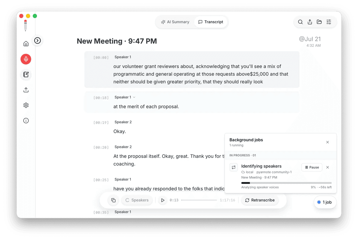 Meetily desktop app showing a timestamped meeting transcript with each segment labelled by speaker, and a background job identifying speakers on-device