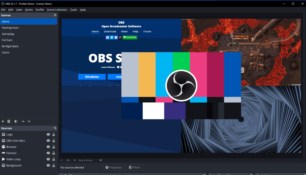 OBS Studio interface with the Scenes and Sources panels used to set up display capture and system audio for recording a meeting