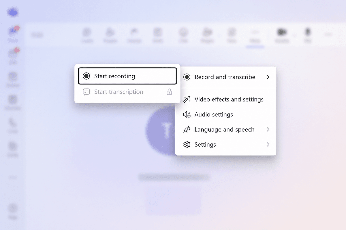 Microsoft Teams meeting with the More menu open showing Record and transcribe and the Start recording option
