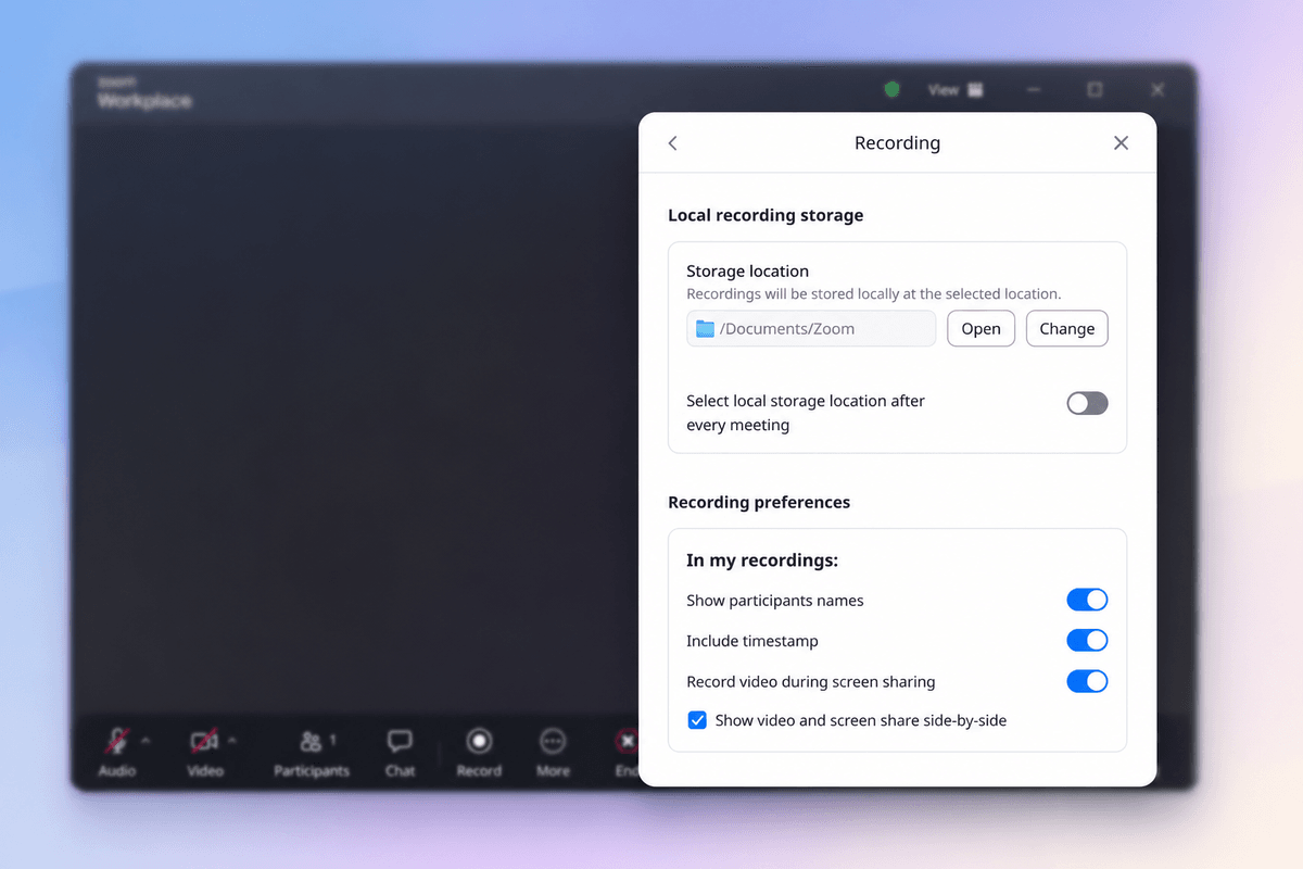 Zoom desktop app recording settings showing the local recording storage location and the Record button in the meeting toolbar