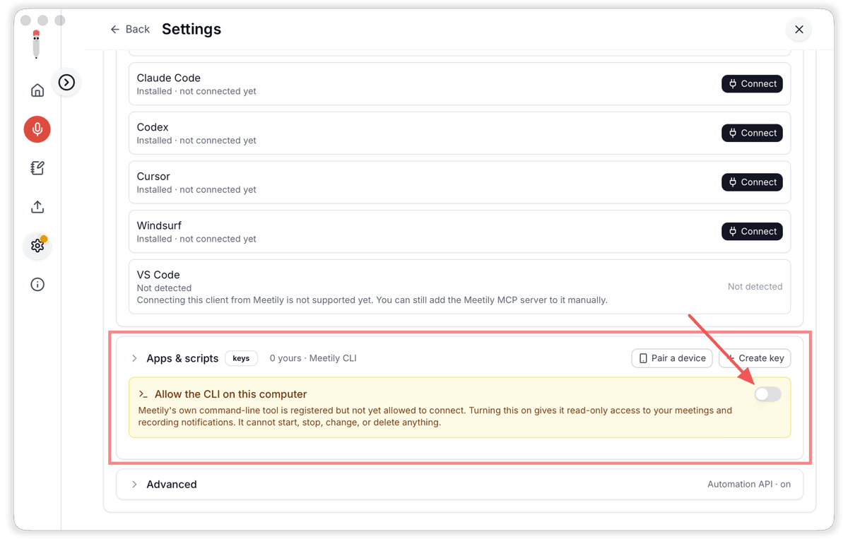 Meetily's Apps and scripts section with the Allow the CLI on this computer switch, which gives the built-in command-line tool read-only access