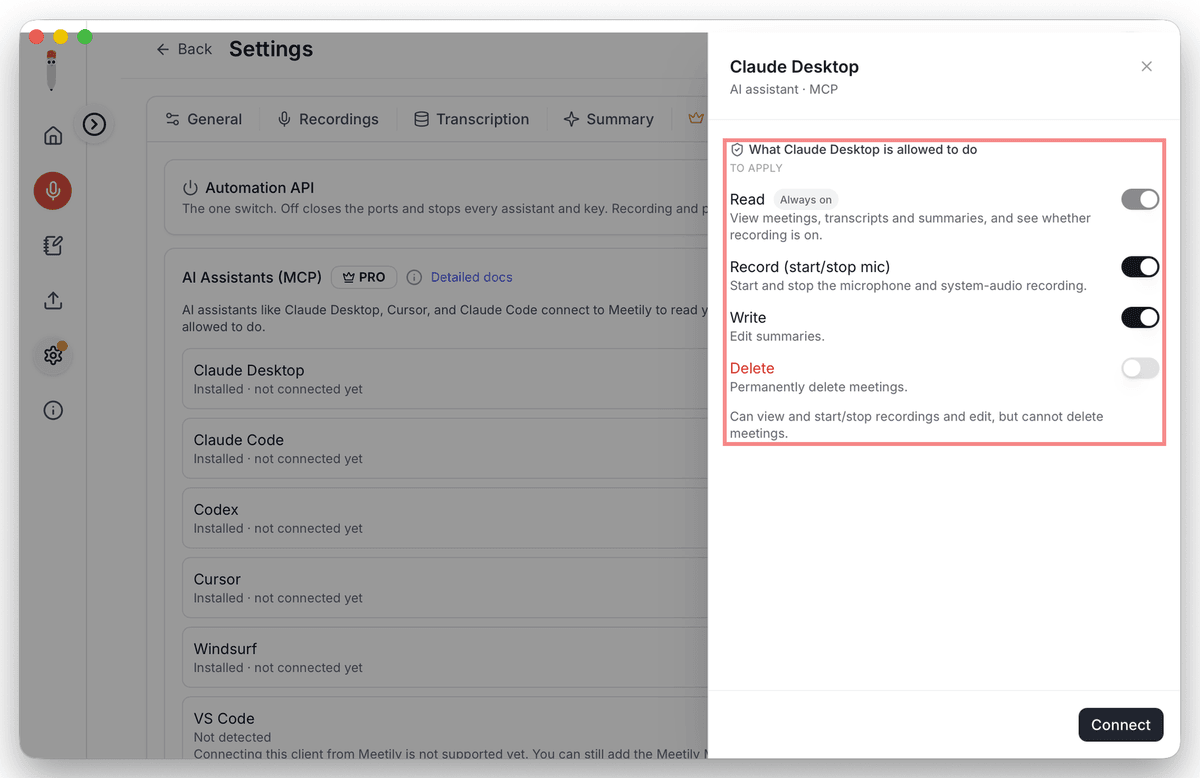 Meetily's permissions panel for Claude Desktop: Read always on, with separate switches for Record, Write and Delete