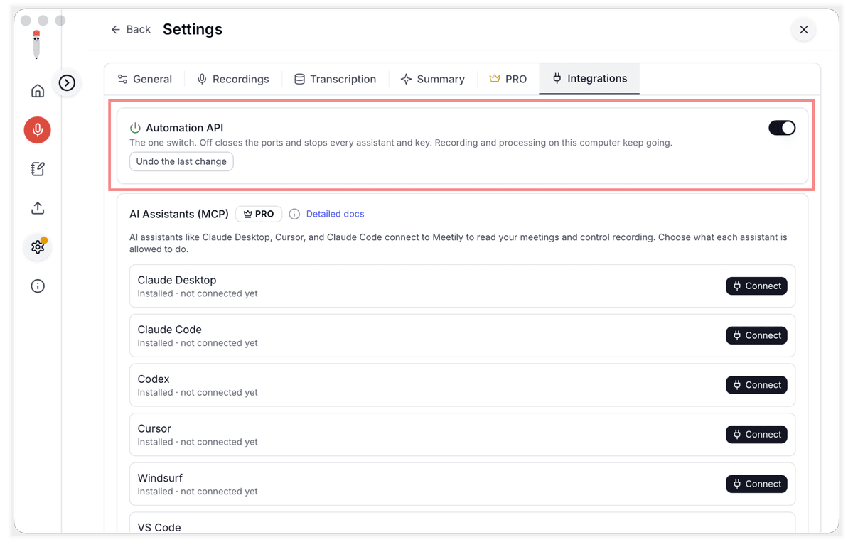 Meetily Settings, Integrations tab: the Automation API switch turned on, above Connect buttons for Claude Desktop, Claude Code, Codex, Cursor and Windsurf
