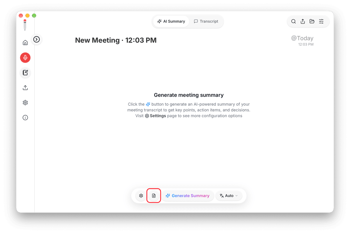 Meetily Pro meeting page: the new Summary Template button, highlighted, between Model Settings and Generate Summary in the action bar
