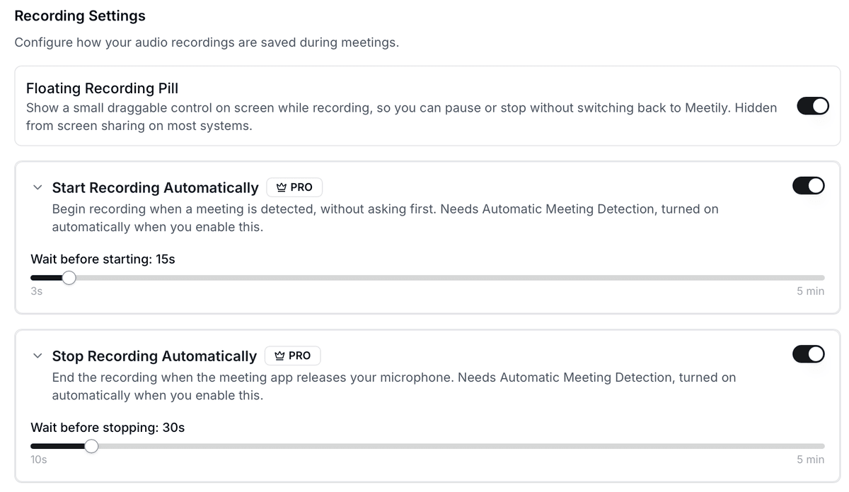 Meetily Recording Settings showing the Floating Recording Pill toggle alongside Start Recording Automatically and Stop Recording Automatically, each with a countdown you can cancel before it begins or ends