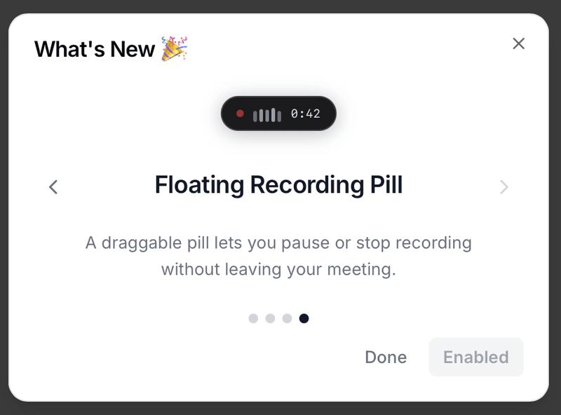 The floating Meetily recording pill showing a live recording indicator and elapsed time, so you can pause or stop without switching back to the app