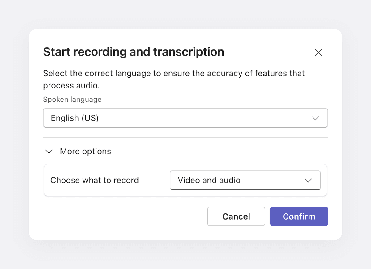 Teams dialog titled Start recording and transcription, with spoken language and what to record
