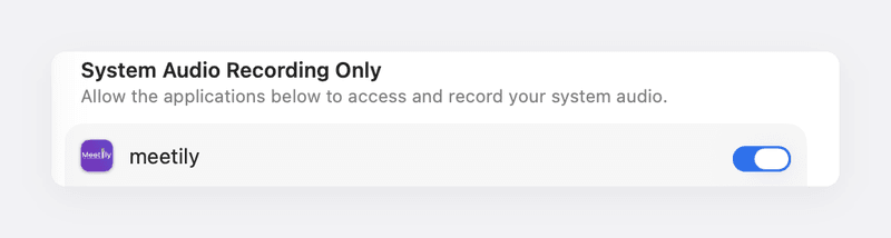 macOS System Settings, System Audio Recording Only, with meetily turned on