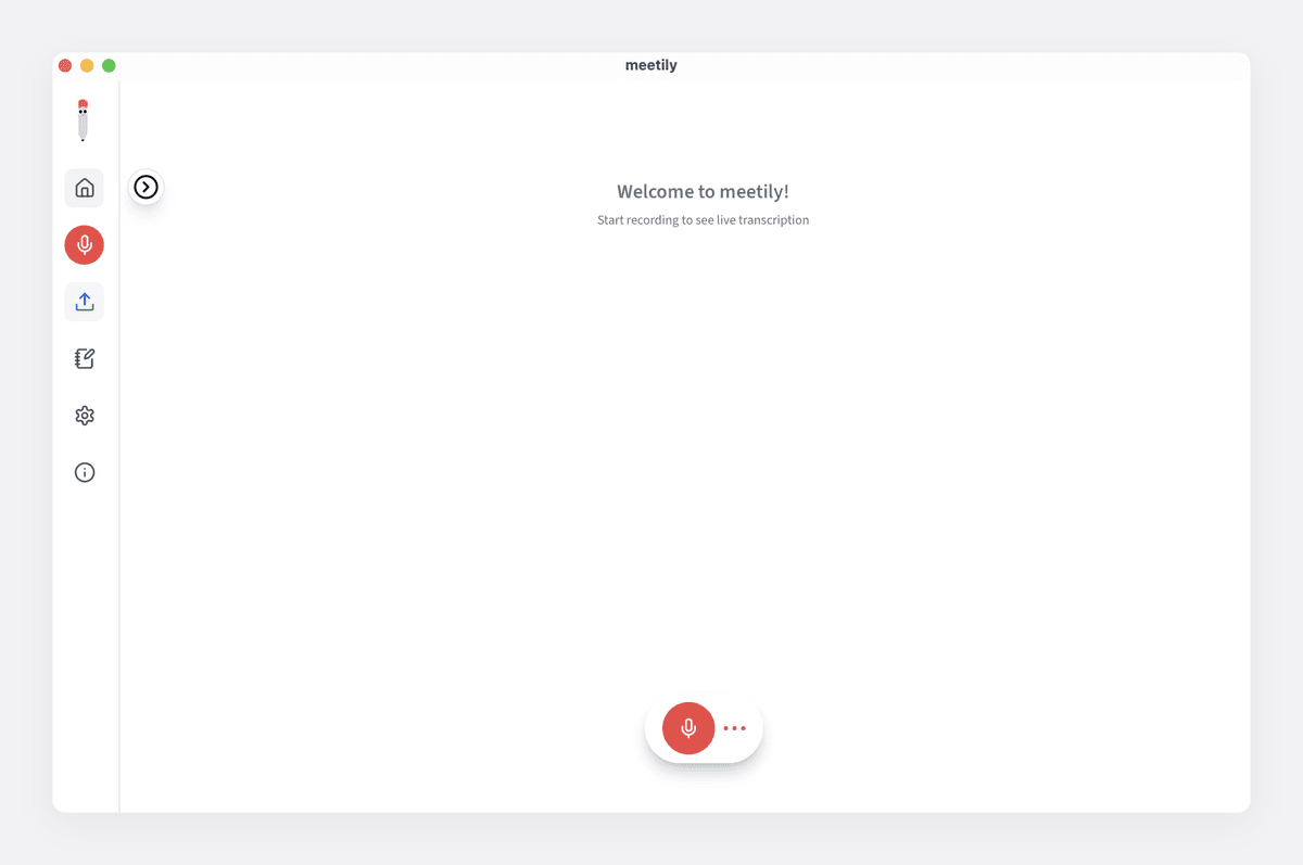 Meetily ready to record, with the red record button