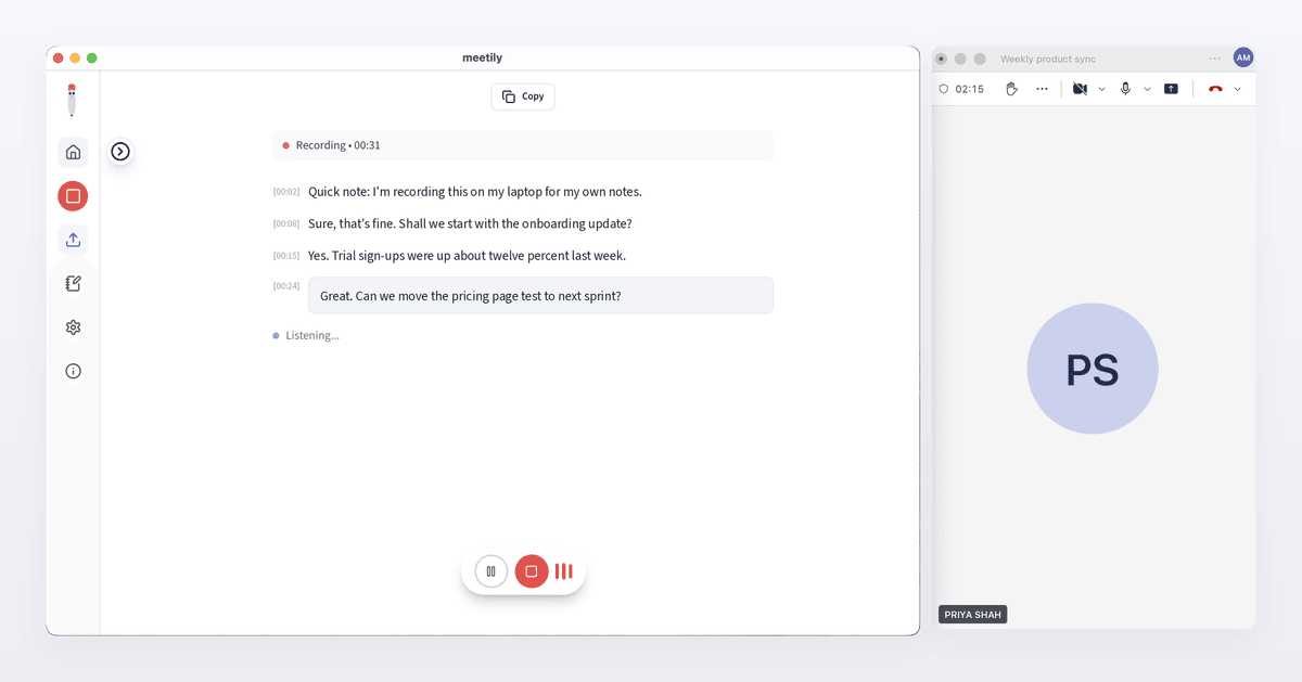 A sample Teams call on the right and Meetily's live transcript on the left, with no bot in the meeting