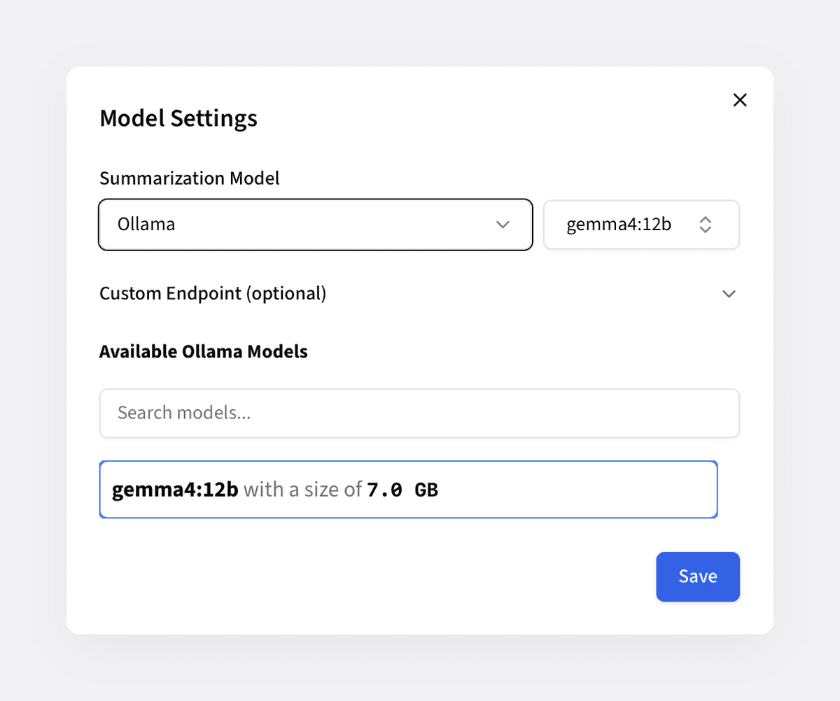 Meetily Model Settings with Ollama selected as the summarization model