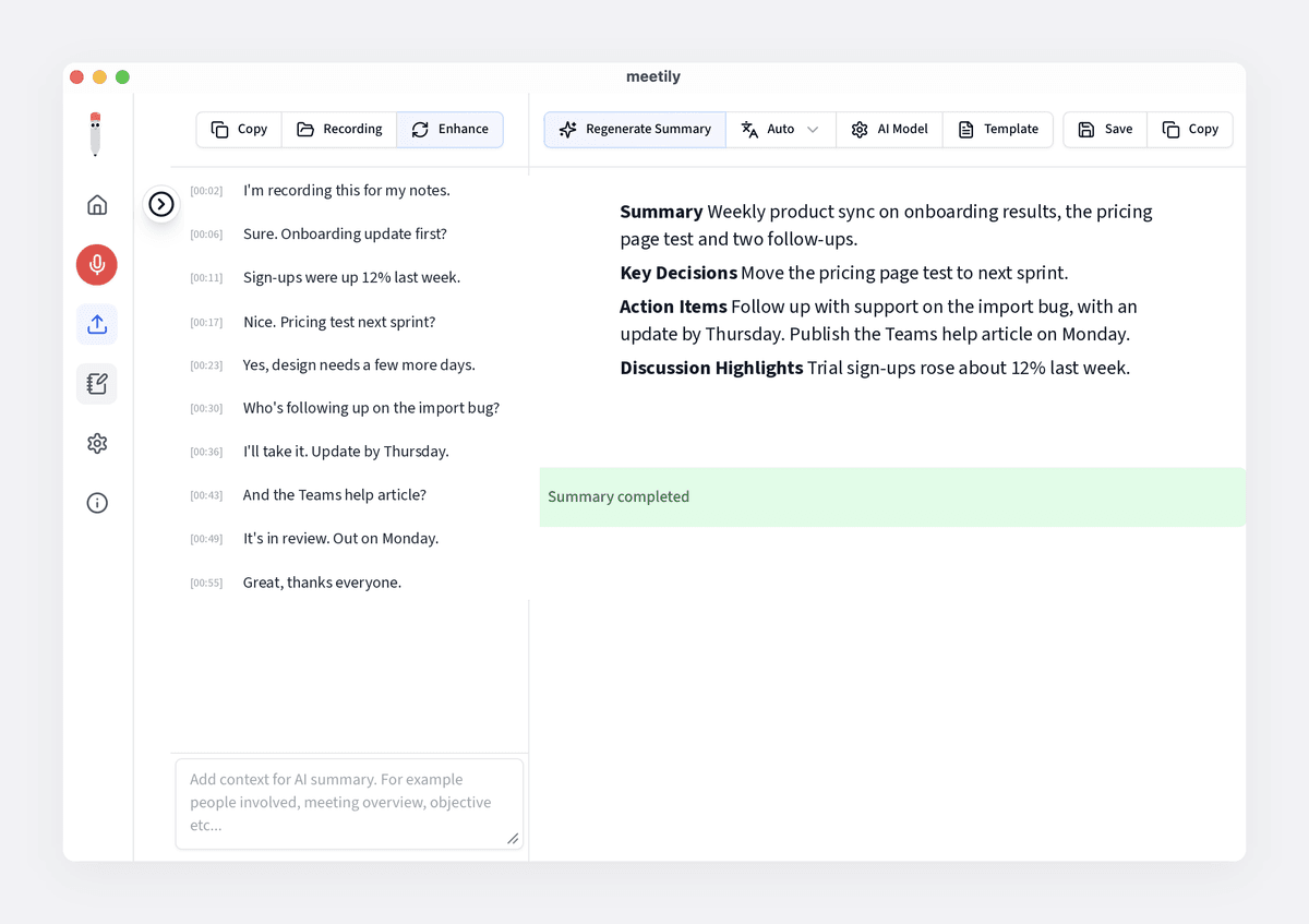 Meetily showing a sample Teams call transcript on the left and the generated summary on the right