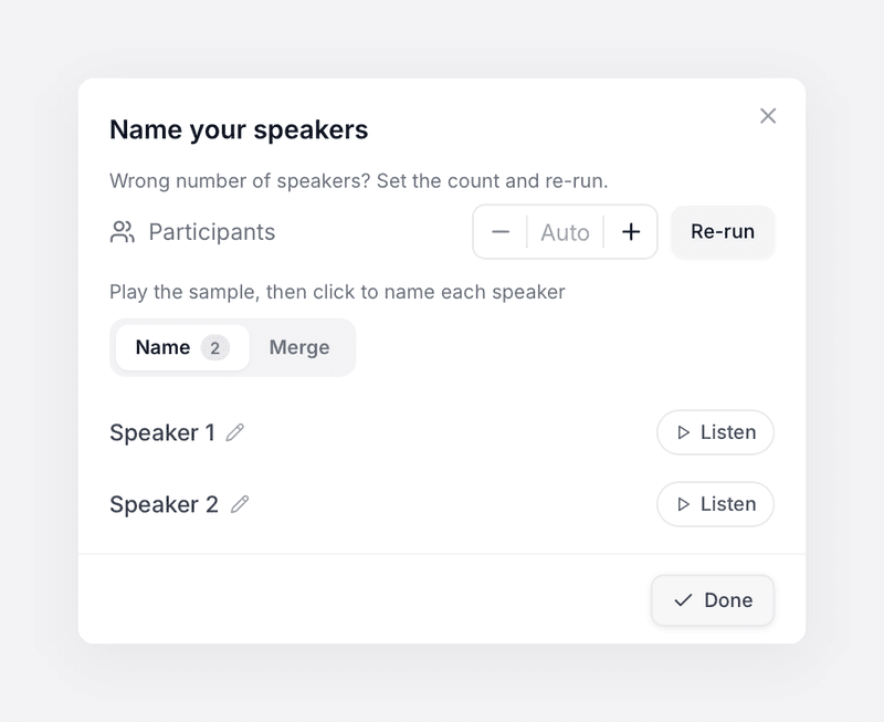 Meetily Pro Name your speakers dialog with Speaker 1 and Speaker 2
